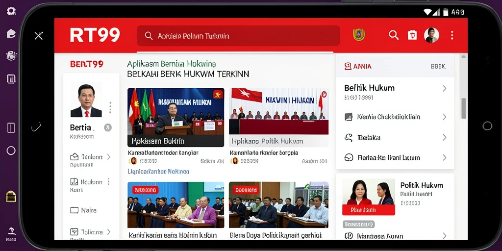 Antarmuka RT99 menampilkan berita politik dan hukum dengan jelas dan informatif.
